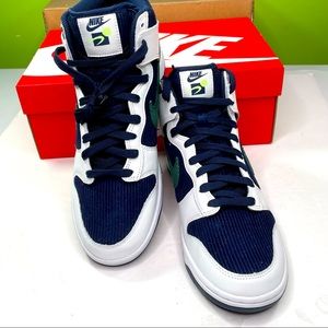 Nike Dunk Hi PRM EMB Navy & Green Mens Size 10 Corduroy & Leather Sneakers Shoes